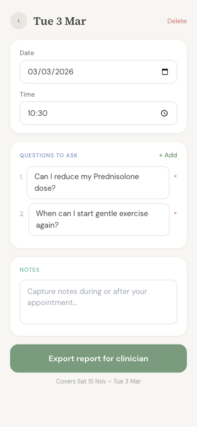 Renew clinic appointment detail with date, time, and prepared questions
