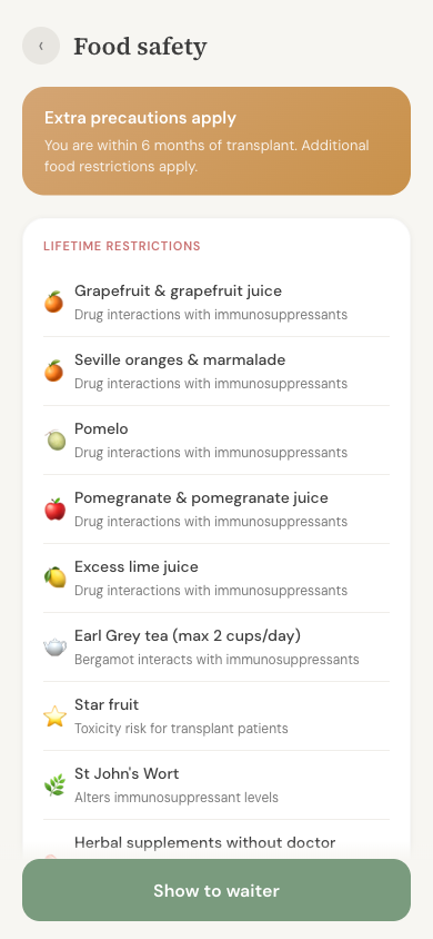 Renew food safety guide showing lifetime restrictions and first 6 months food list
